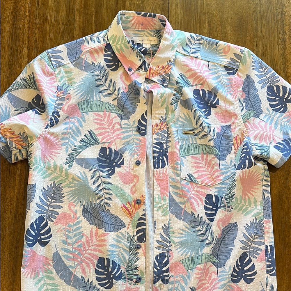 Blue and Pink Casual Button Down Shirt with Tropical Print